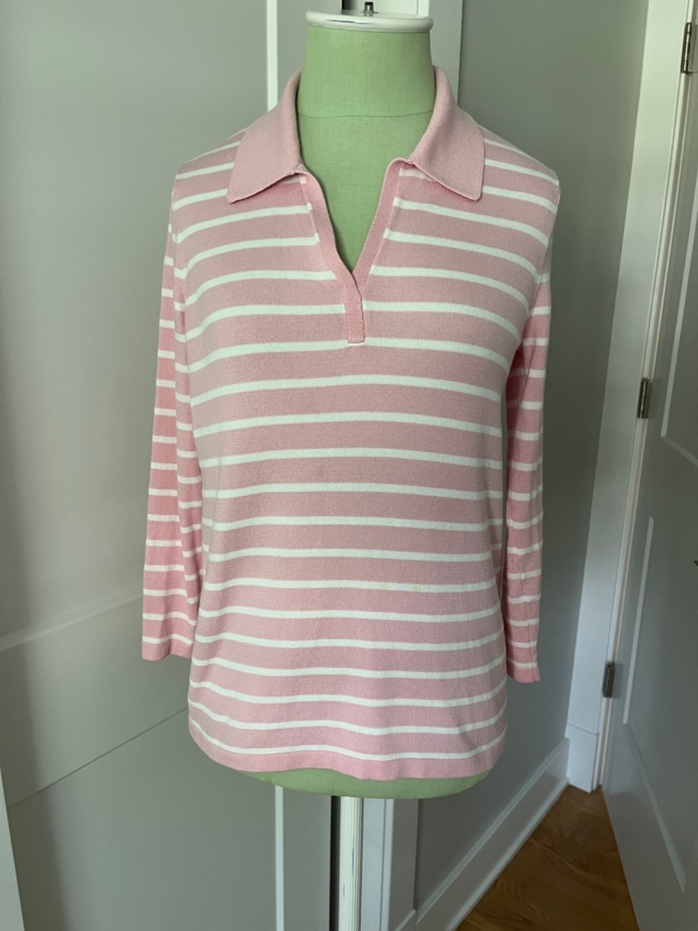 J. McLaughlin Pink and White Striped V-Neck Polo Sweater
